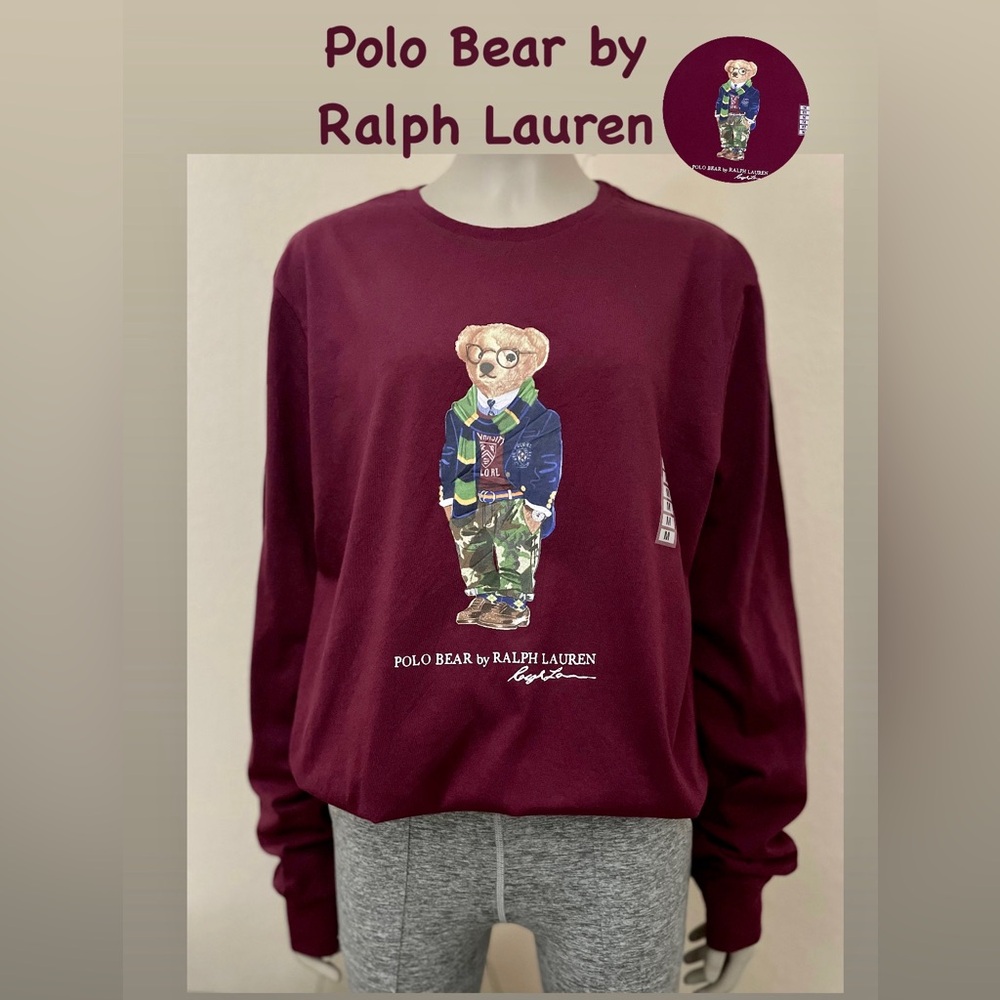Polo Ralph Lauren Men's Wine Red Burgundy Polo Bear Graphic Crew-Neck T-Shirt